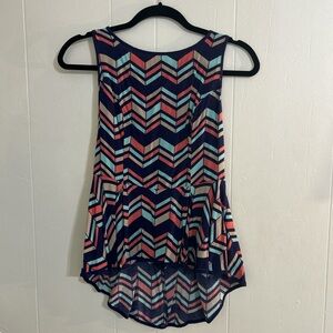 Chevron Peplum Top - Sleeveless, Asymmetrical Hem, Navy, Blue, Salmon - Size L